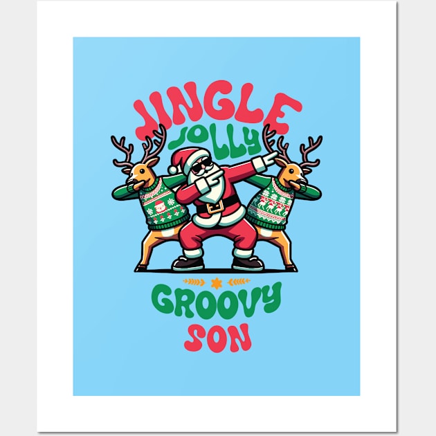 Son - Holly Jingle Jolly Groovy Santa and Reindeers in Ugly Sweater Dabbing Dancing. Personalized Christmas Wall Art by Lunatic Bear